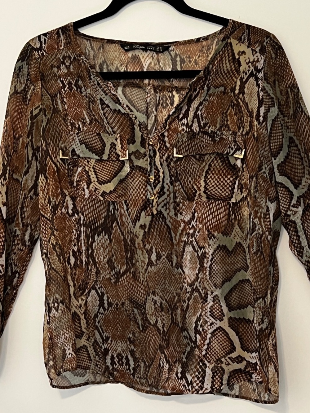 Zara Snake Print Button Up Sheer Blouse Women’s Brown Black Romania